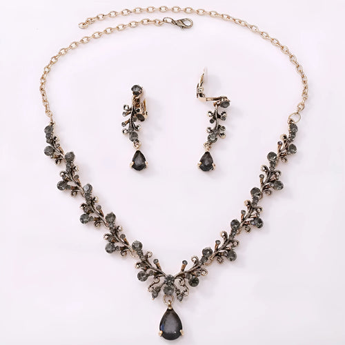 Bridal rhinestone zircon earring and necklace set in alloy, inlaid diamond finish, three colour options silver white gold white black
