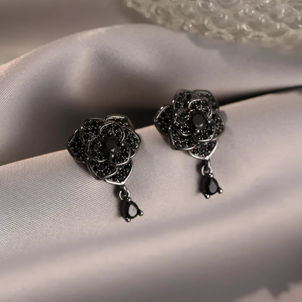 Black rose zircon flower-shaped stud earrings with 18K gold plating