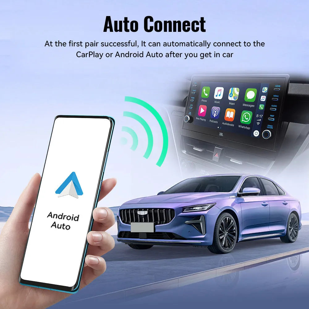 Black mini 2-in-1 CarPlay USB wireless adapter showing compact dimensions