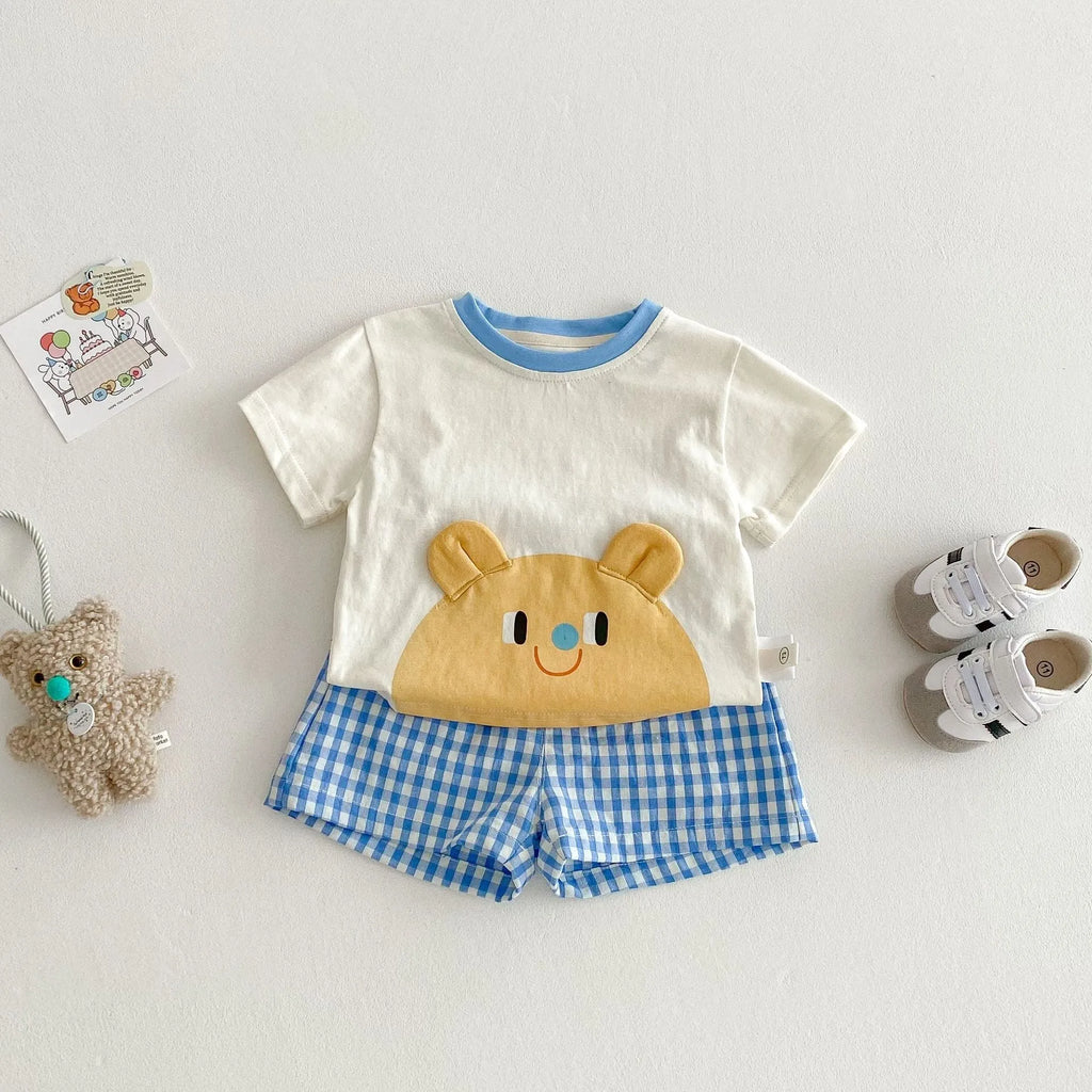 Girls' cotton short sleeve T-shirt and plaid shorts two-piece set in sea blue, peach, Black Panda or avocado green