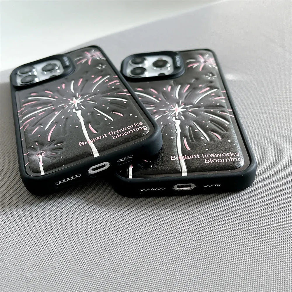 Leather embossed TPU phone case for iPhone 12-15 with colourful fireworks design, transparent back, and precise cutouts