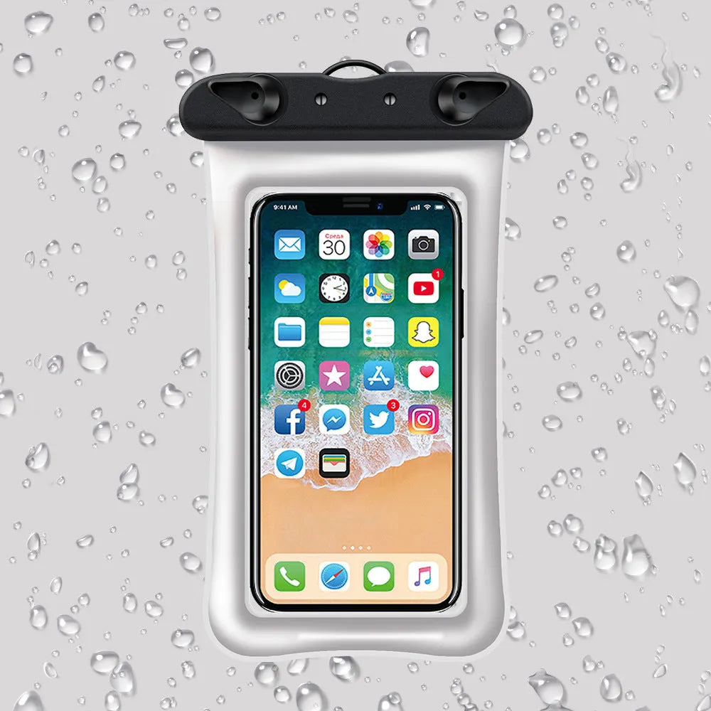 Orange double airbag waterproof phone pouch with black ABS switch and neck rope on a blue background.