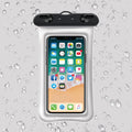 Orange double airbag waterproof phone pouch with black ABS switch and neck rope on a blue background.
