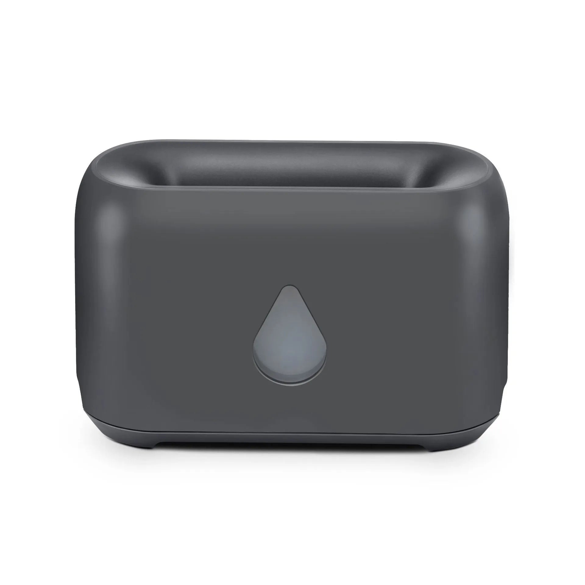 Two-colour 3D flame aroma diffuser humidifier on desk with USB cable, black and white options