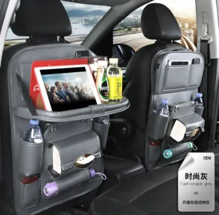 PU leather car seat back storage organiser with multiple pockets and built-in trash can in six colour options