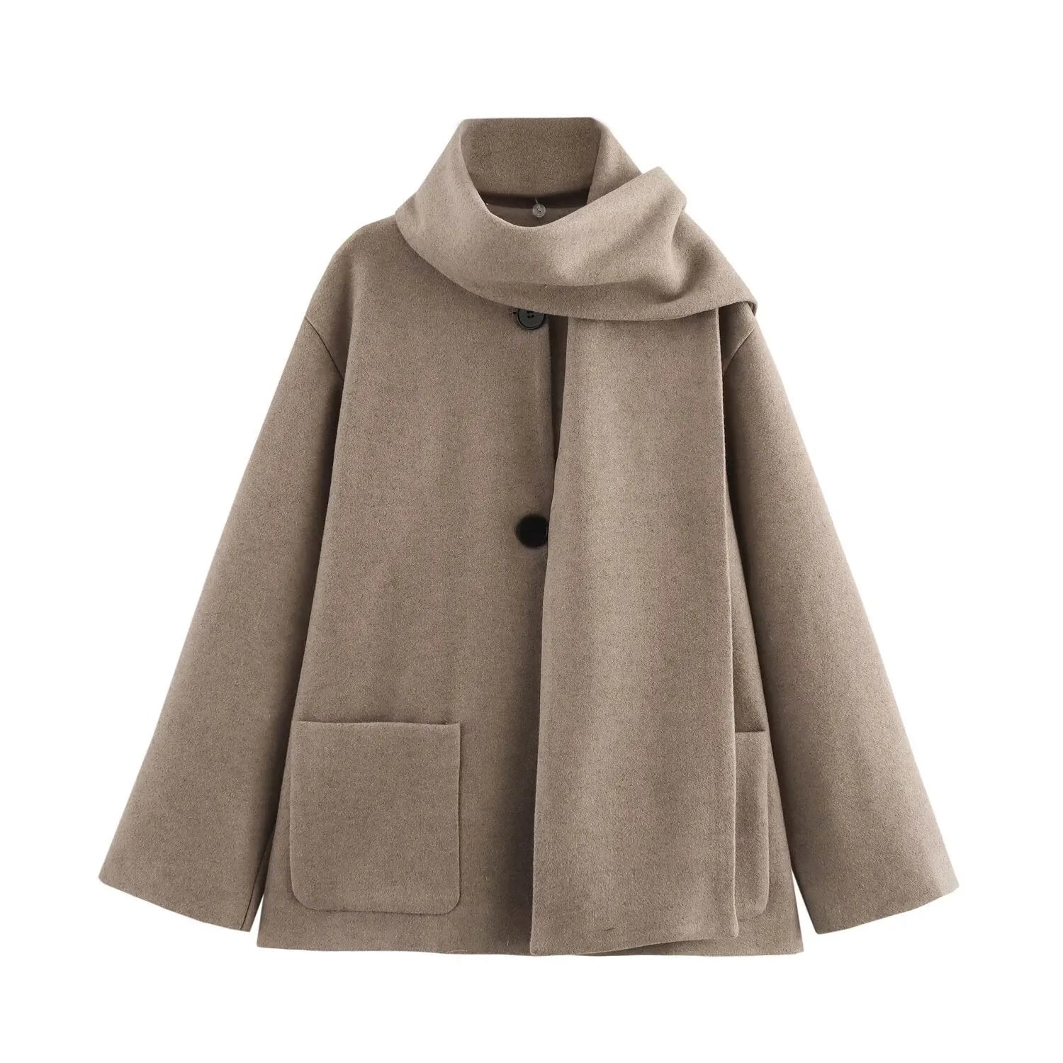Women's long black polyester overcoat with a fluffy artificial fur collar, shown on a hanger.