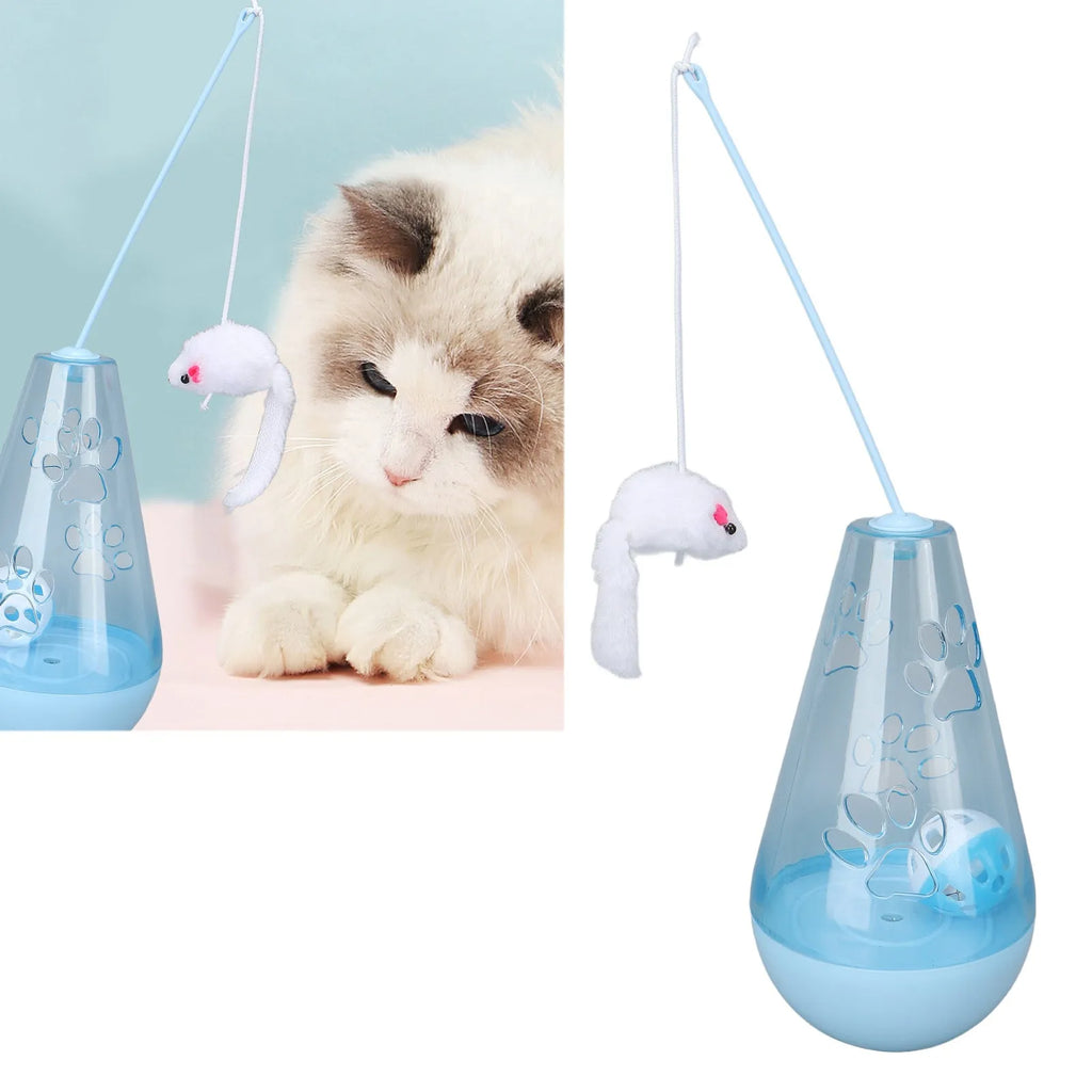 Blue and yellow cat toy with bell ball, slow feeder, and plush mouse stick for indoor cats