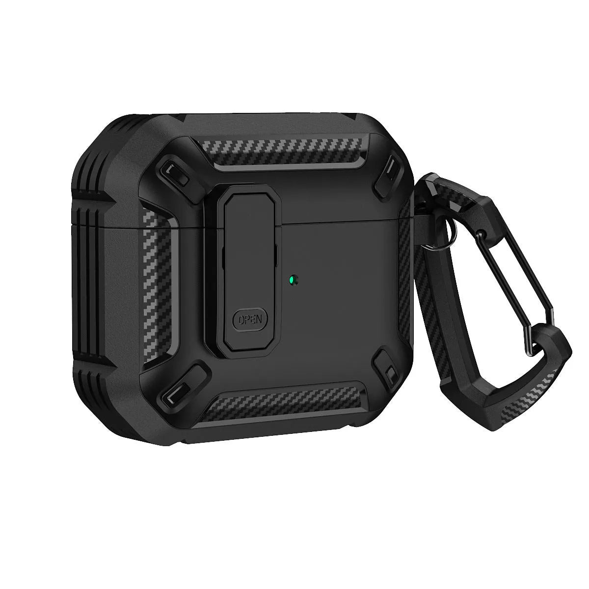 Two-tone plastic clamshell protective case for Apple AirPods with a metal carry hook attached.