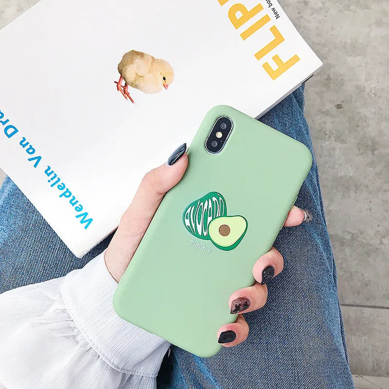 Cartoon avocado design on a green TPU phone case for iPhone models.