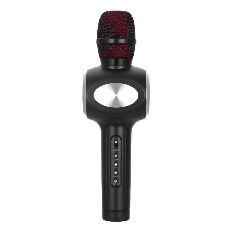 Yaerjia E108 black portable karaoke microphone with built-in speaker and echo effects.