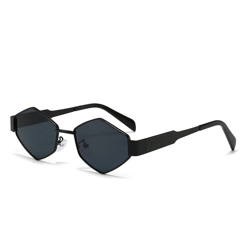 Metal polygon rhombus sunglasses with hexagonal frame in gold and blue lens