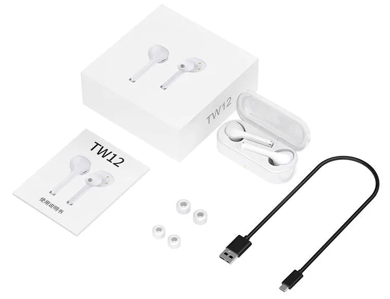 Black and white wireless Bluetooth 5.0 earbuds with USB charging dock showing true wireless design