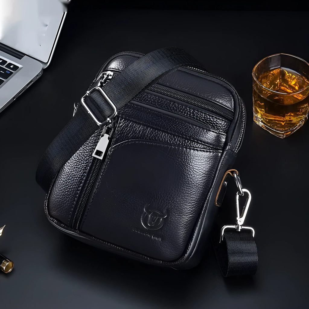 Black genuine leather retro style mens shoulder messenger bag for business casual and travel
