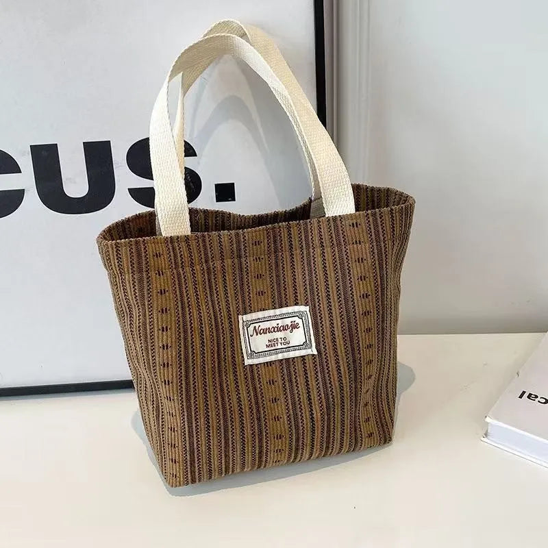 Japanese-style corduroy shoulder bag in dark brown colour with large capacity