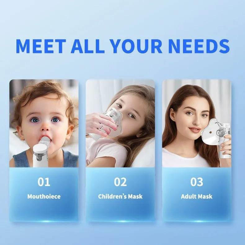 Handheld compressed micro-mesh nebulizer with bilateral masks, medical PVC, mute operation, battery or plug-in power.