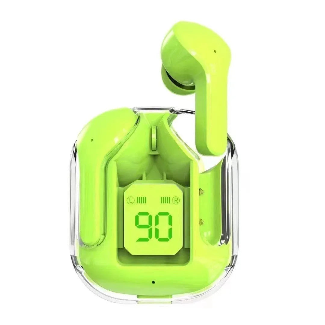 Transparent space capsule case containing true wireless Bluetooth headphones with a digital display screen.