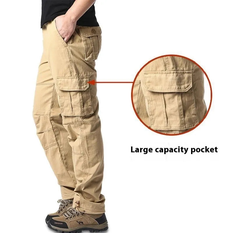 Men's multi-pocket 100% cotton cargo pants in khaki, mid waist with zipper fly, size M-5XL