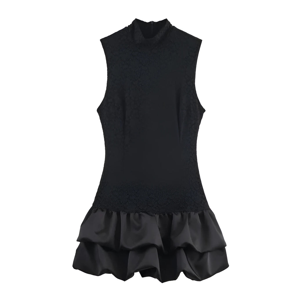 Women's black short dress with stripe and plaid pattern, lace stitching, asymmetric skirt, mid waist, cotton.
