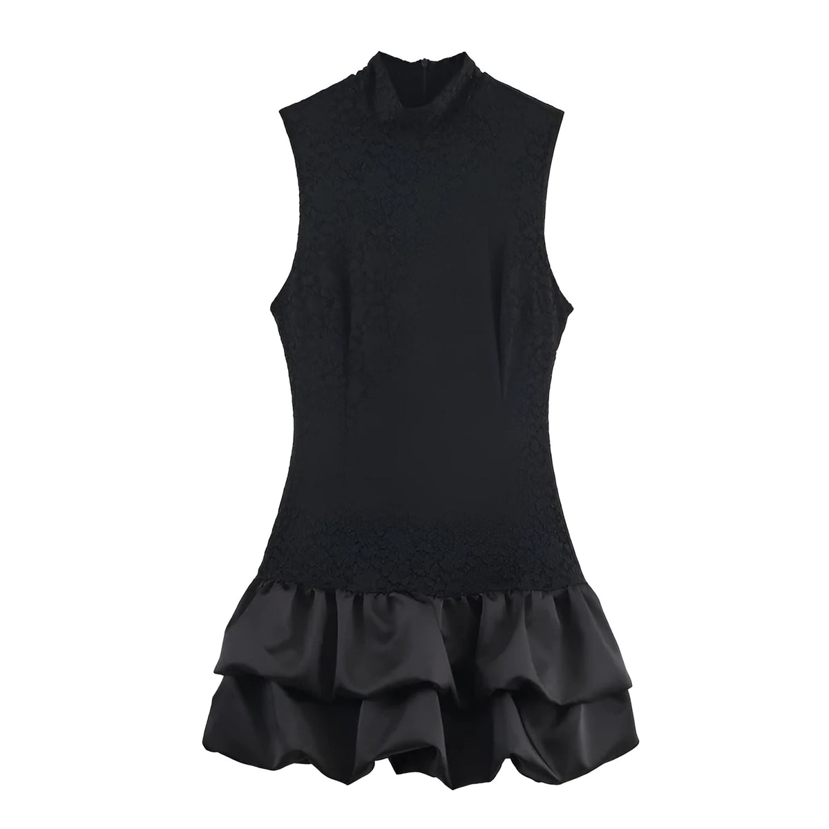 Women's black short dress with stripe and plaid pattern, lace stitching, asymmetric skirt, mid waist, cotton.