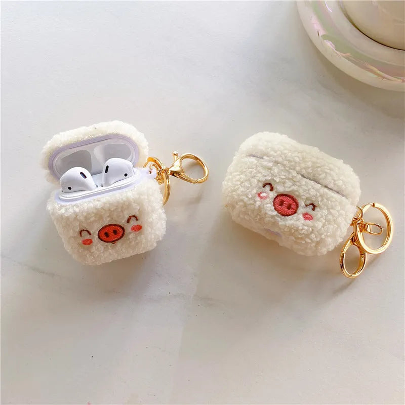 Plush pig flannel AirPods protective cover with bracelet in pink or beige