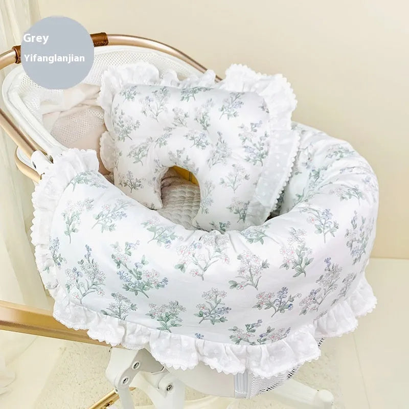 Pure cotton pet stroller accessory set showing anti-dirty towel, cushion, and pillow in a blue green apple pattern.