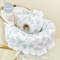 Pure cotton pet stroller accessory set showing anti-dirty towel, cushion, and pillow in a blue green apple pattern.