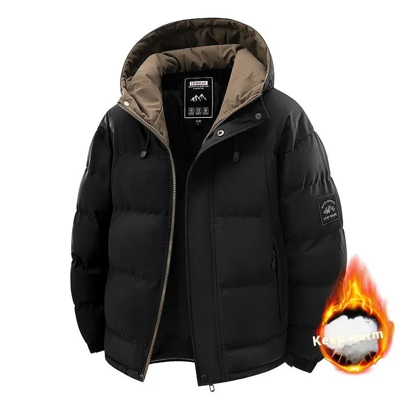 Men's hooded thickened cold-proof coat with polyester filling in black, front view, loose fit