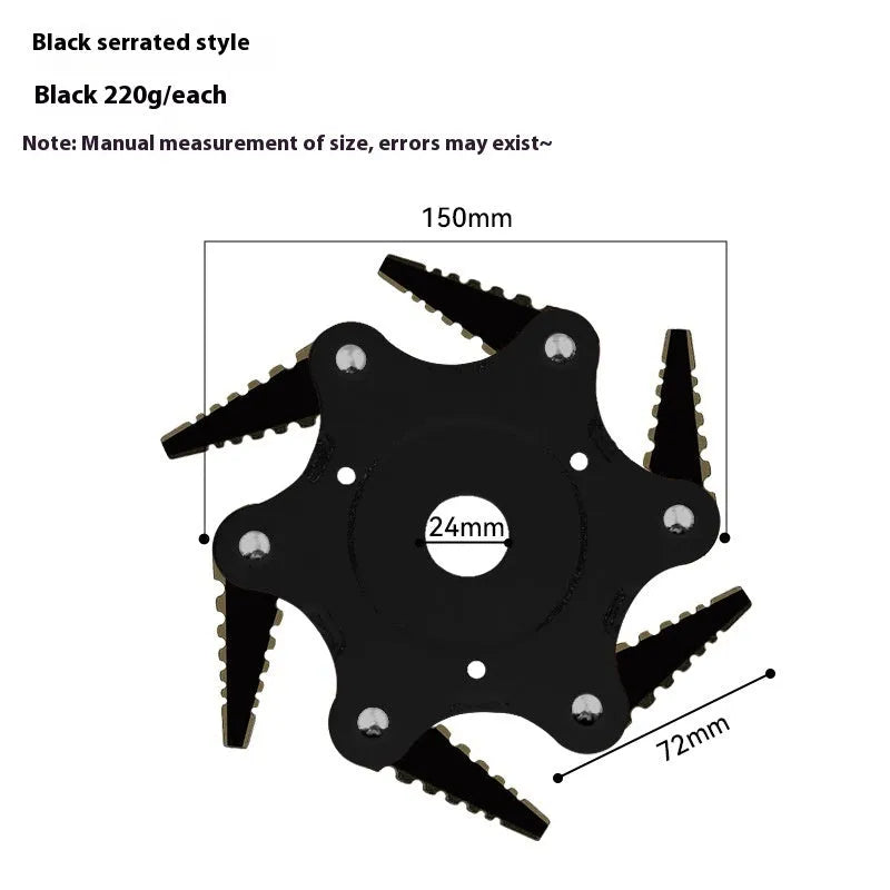 Alloy six-leaf knife grass head in black flat tooth type for agricultural trimming