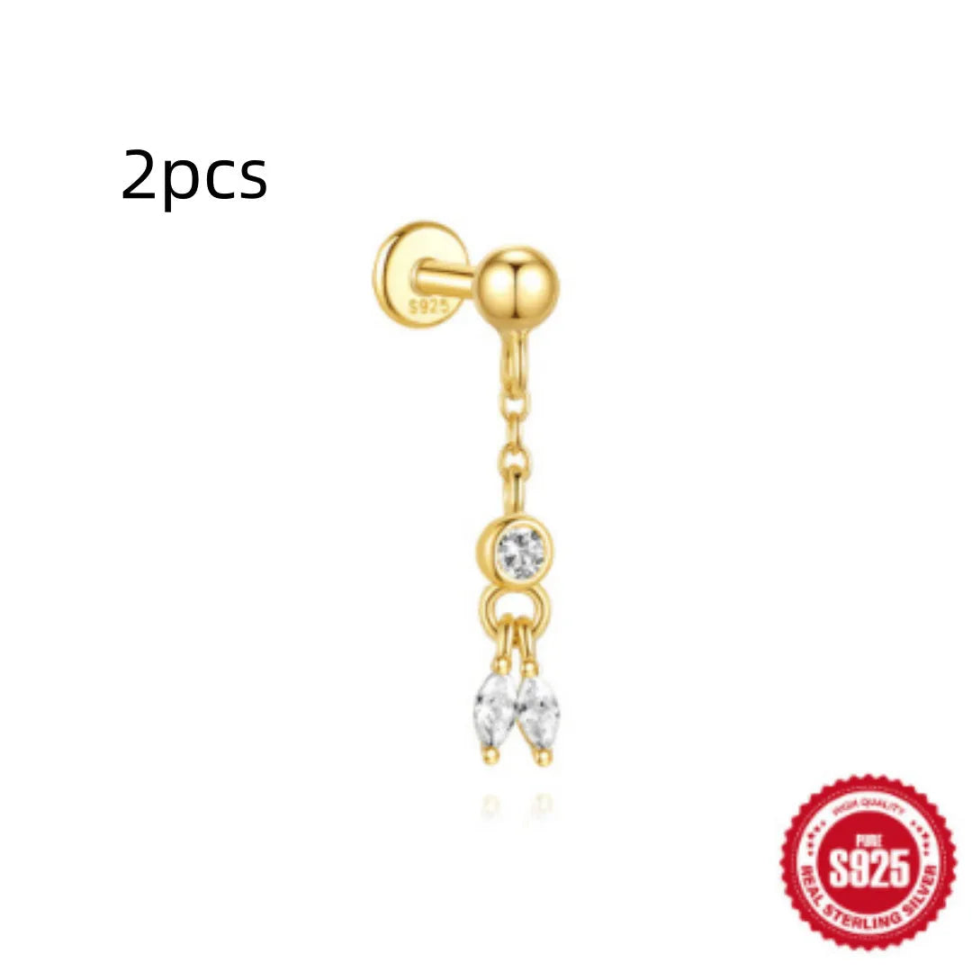 Geometric water drop shaped S925 sterling silver earrings with a flat spiral puncture back, in a gold electroplated finish.