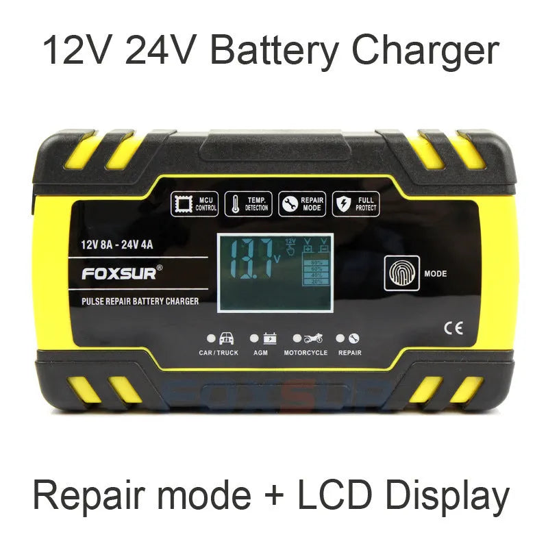 12V and 24V battery charger for motorcycles and cars with a digital screen display.