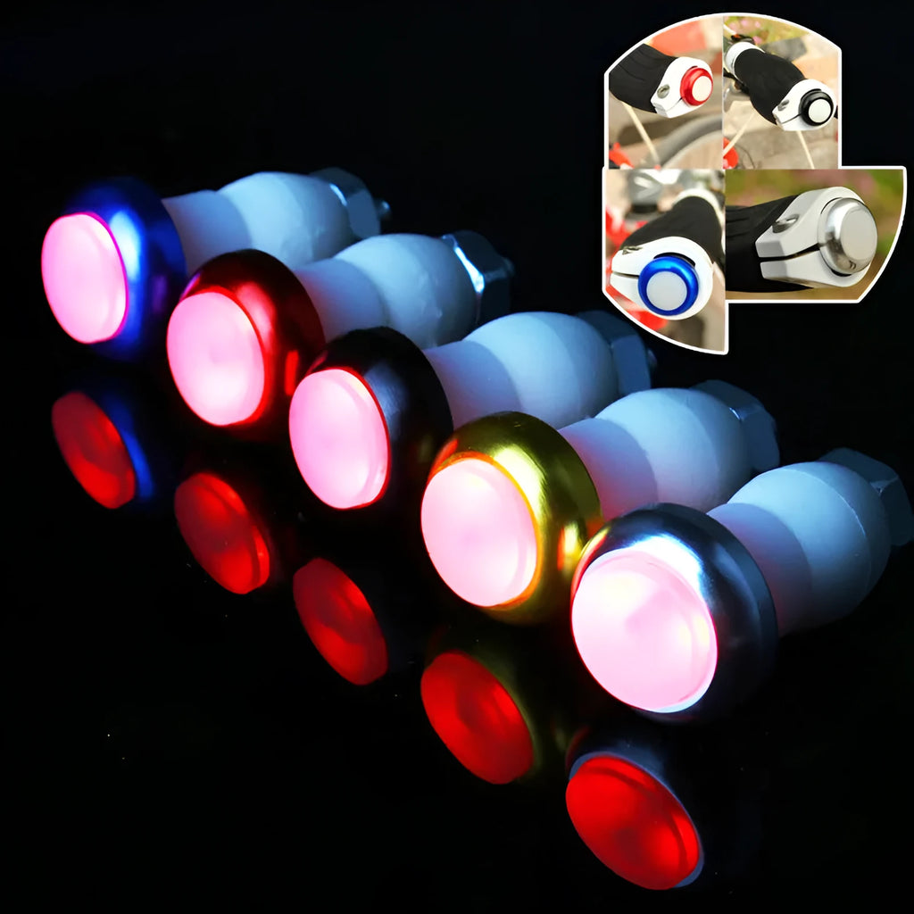 Aluminium alloy bicycle handlebar end lights in anodised colours with red LED illumination