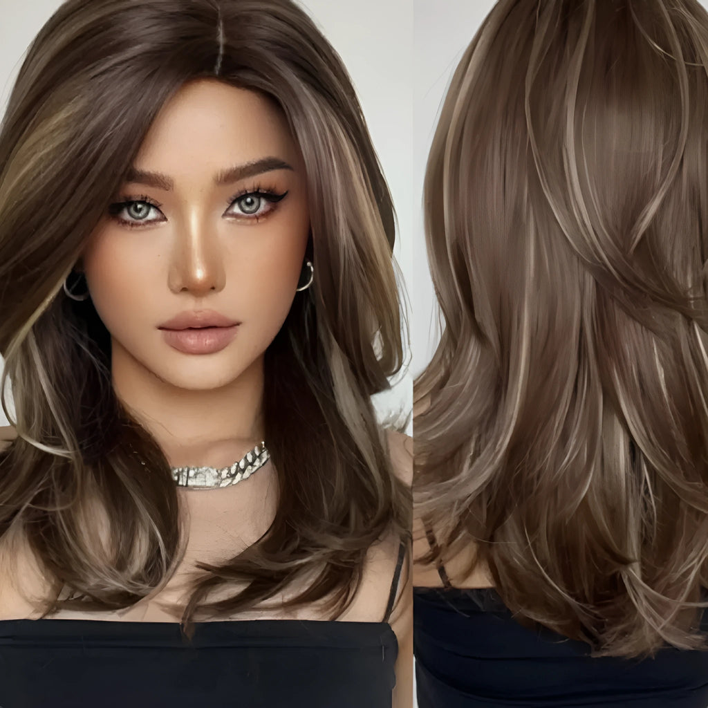 Mid-length curly synthetic wig with long bangs in a gradient colour.