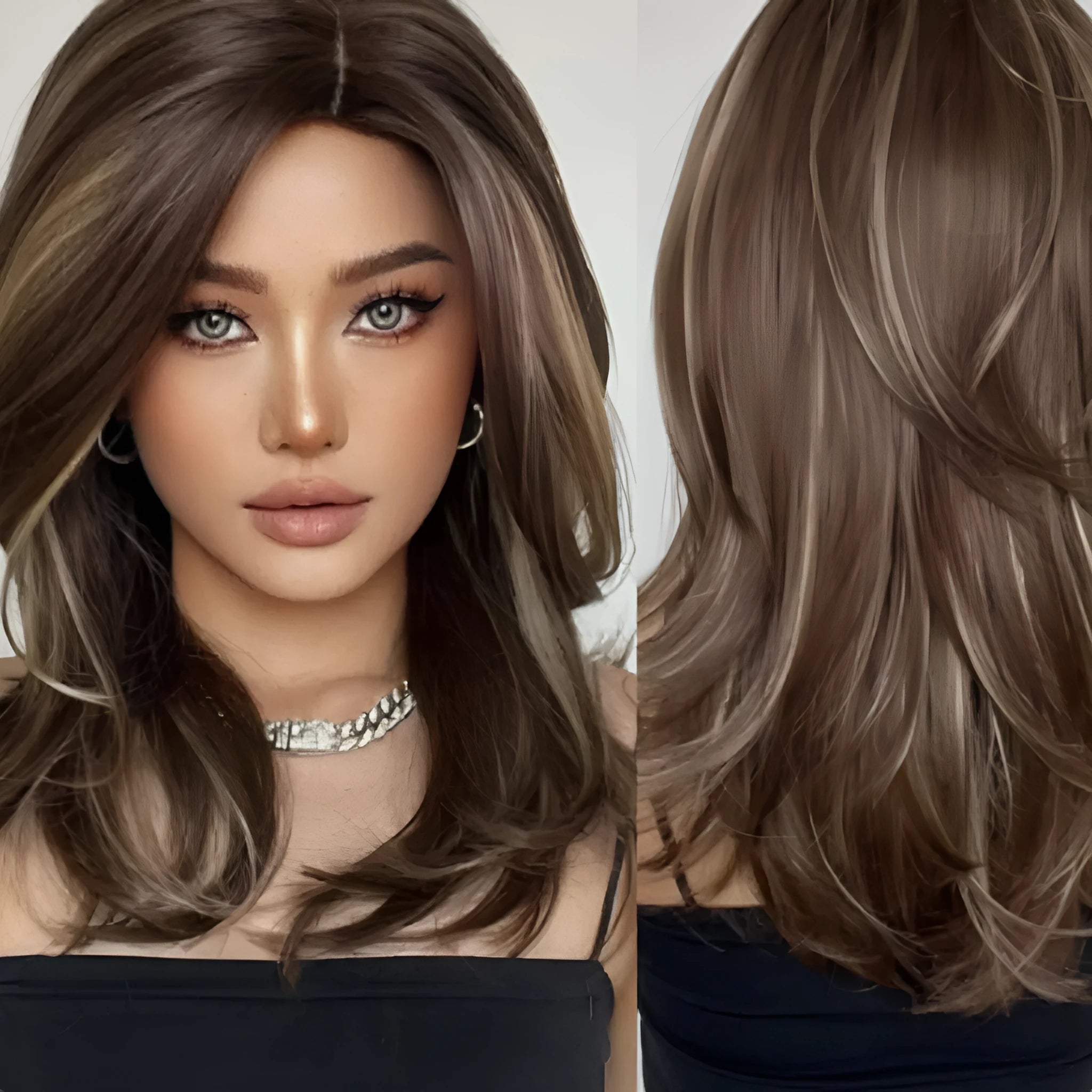 Mid-length curly synthetic wig with long bangs in a gradient colour.