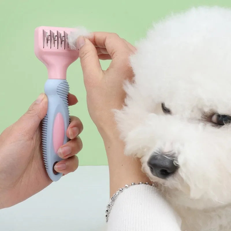 Stainless steel pet grooming comb with de-matting blade and massage bristles in pink or purple