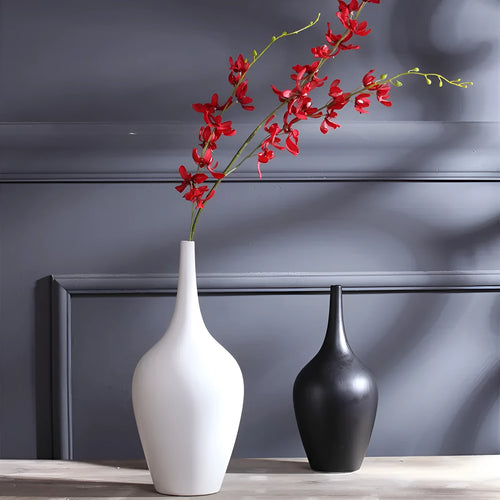 Tall white matte glaze ceramic vase HP160 on desktop with flowers