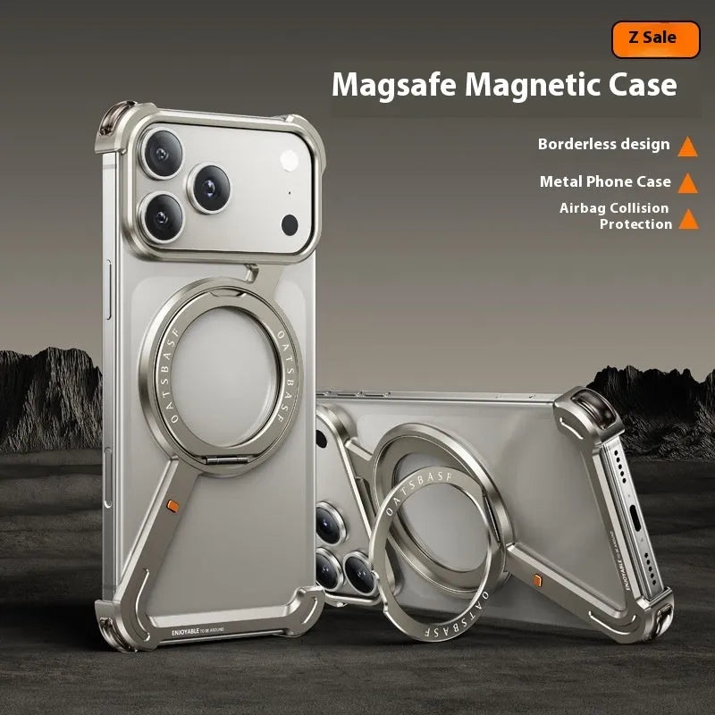 Black metal phone case for iPhone 17 Pro Max with a built-in magnetic bracket.