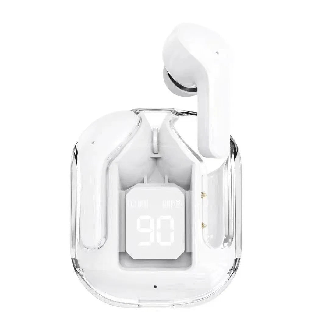 Transparent space capsule case containing true wireless Bluetooth headphones with a digital display screen.