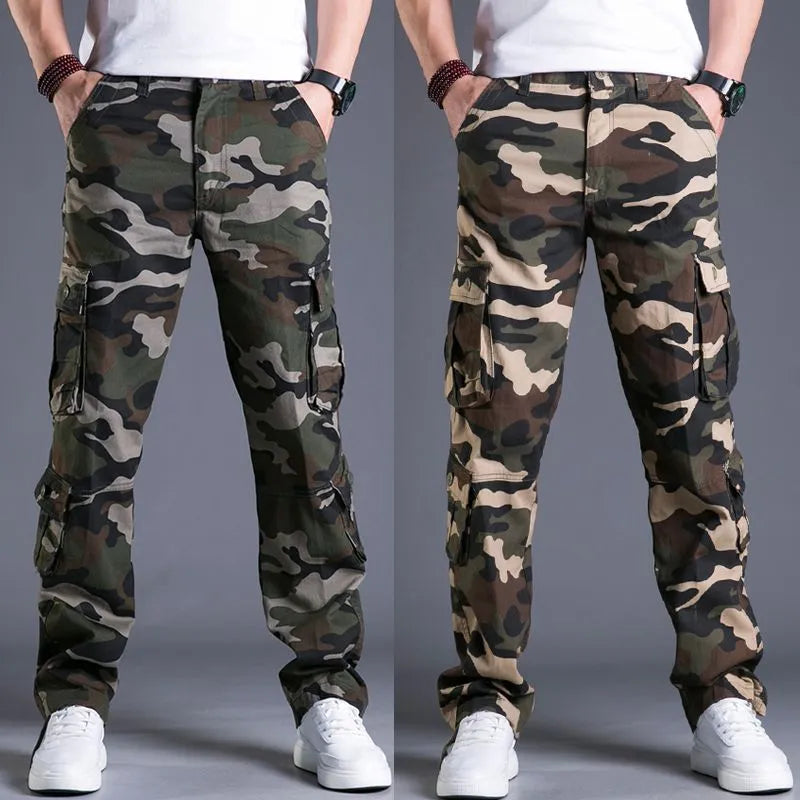 Men's straight leg cotton camouflage pants in army green colour, washed finish, sizes 29-44