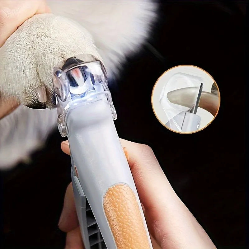 Yellow LED pet nail trimmer with magnifying glass and light for trimming cat and dog claws