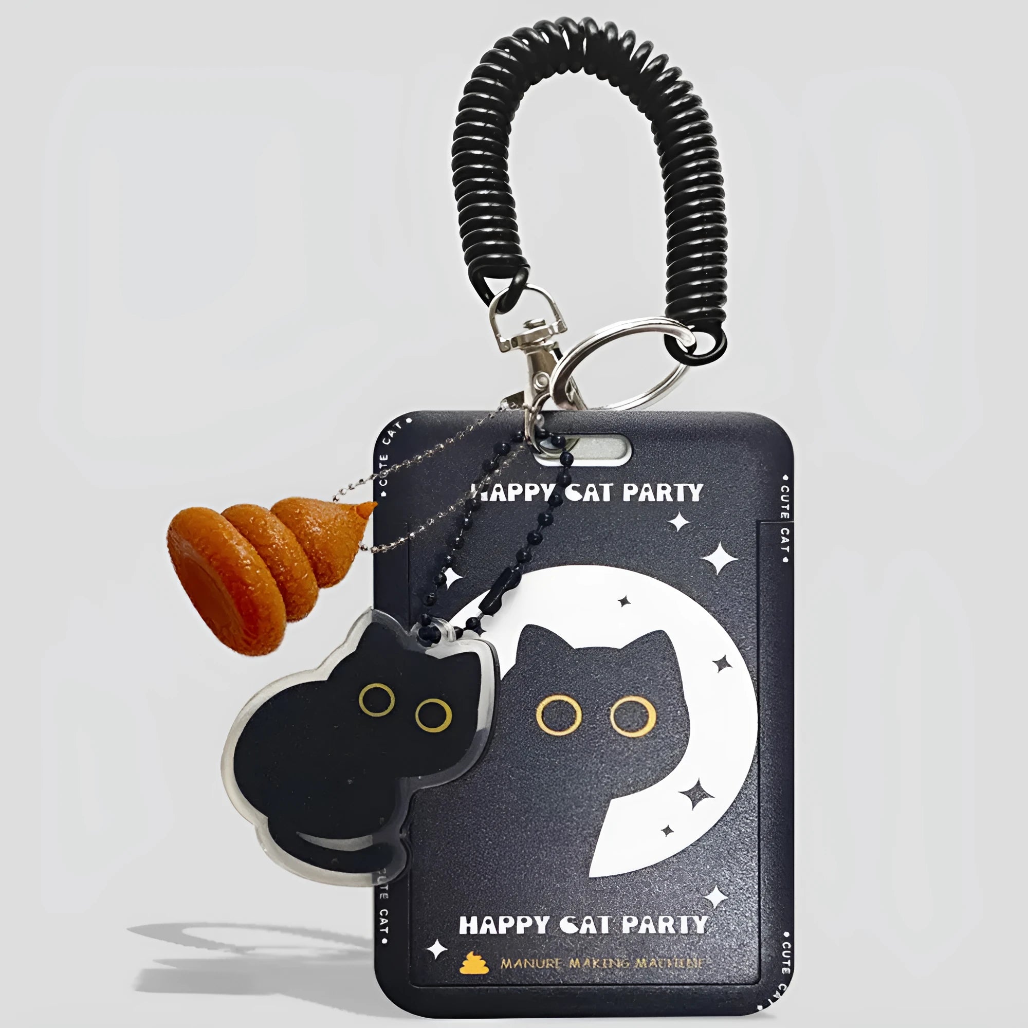 Little black cat cartoon design plastic card holder sleeve with metal split ring keychain.