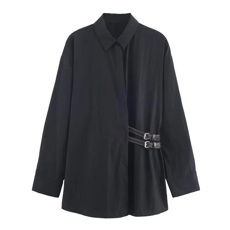 Women's trip-strap poplin shirt with plant and flower print, black, long sleeves, casual pullover style