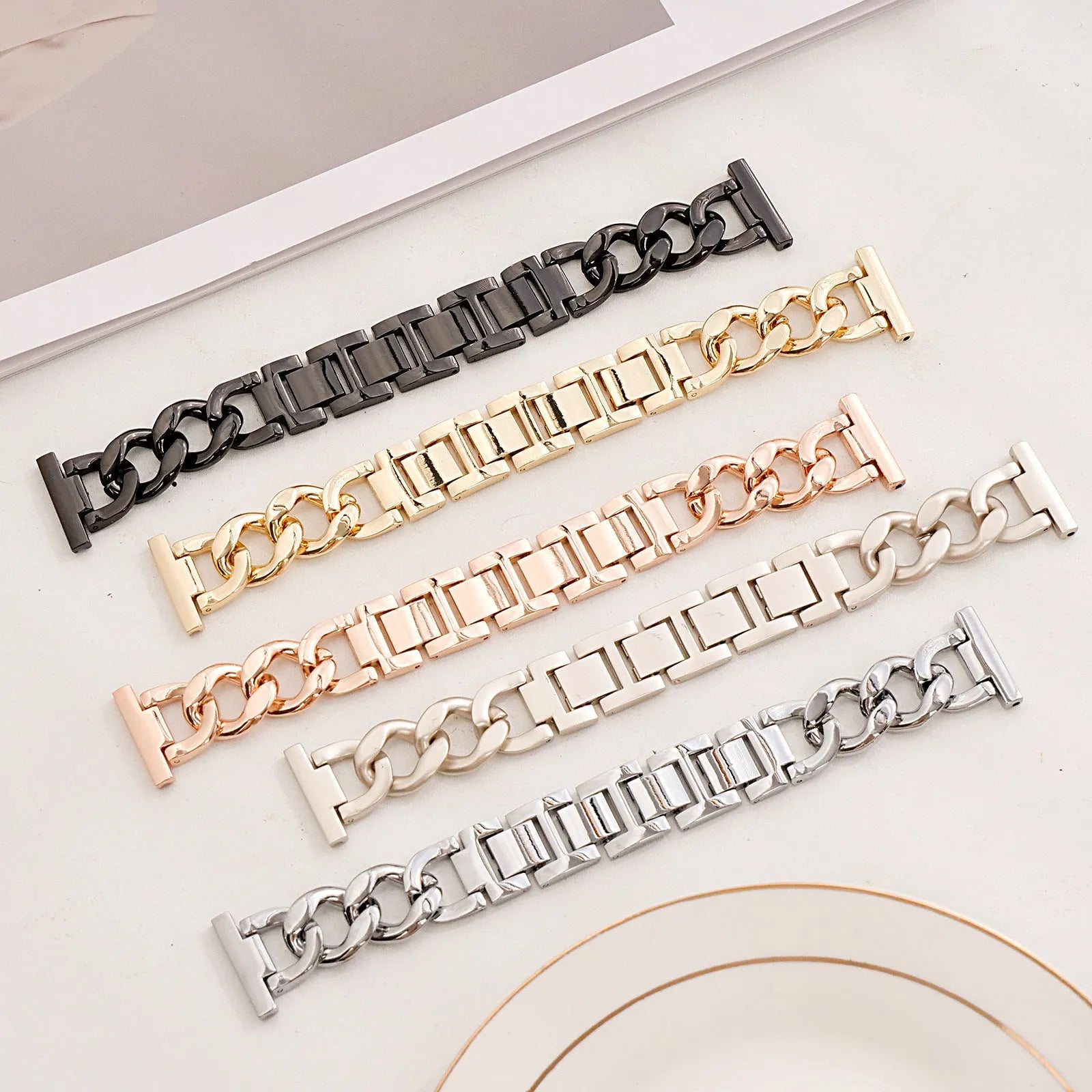 Metal denim chain design Apple Watch strap in silver, black, gold, rose gold and Starlight colours for 38mm to 49mm models.