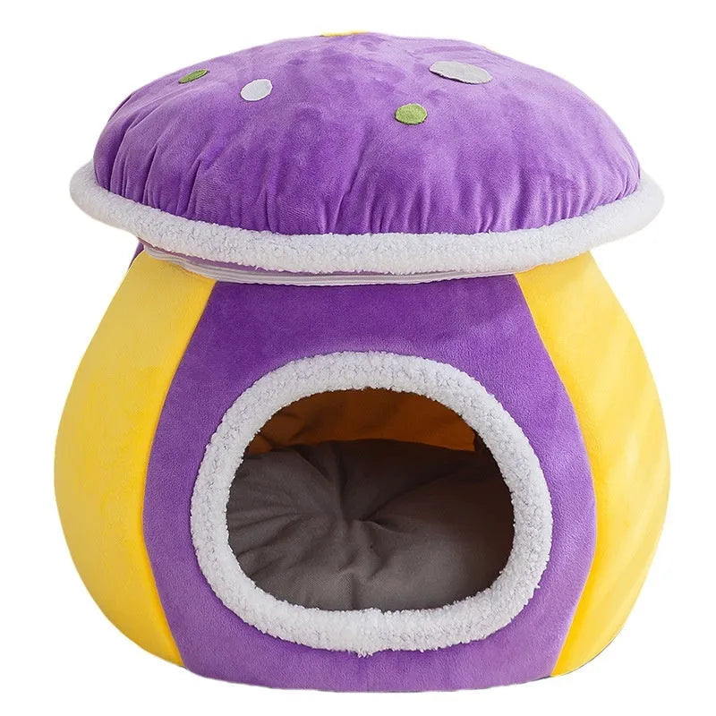 Grey mushroom-shaped plush cat bed with high walls and a soft interior, shown with a detachable matching blanket.