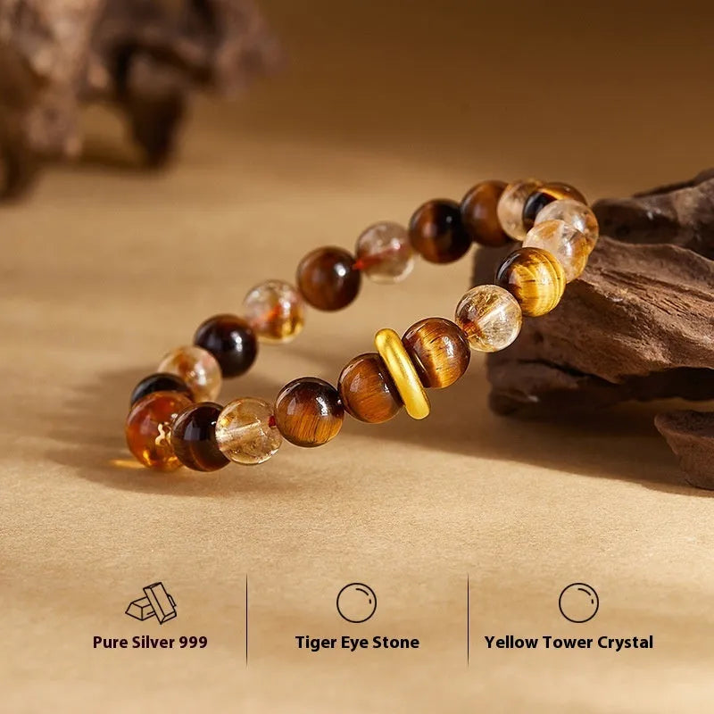 Women's sterling silver tigereye bracelet with 8mm dome tiger beads and certificate