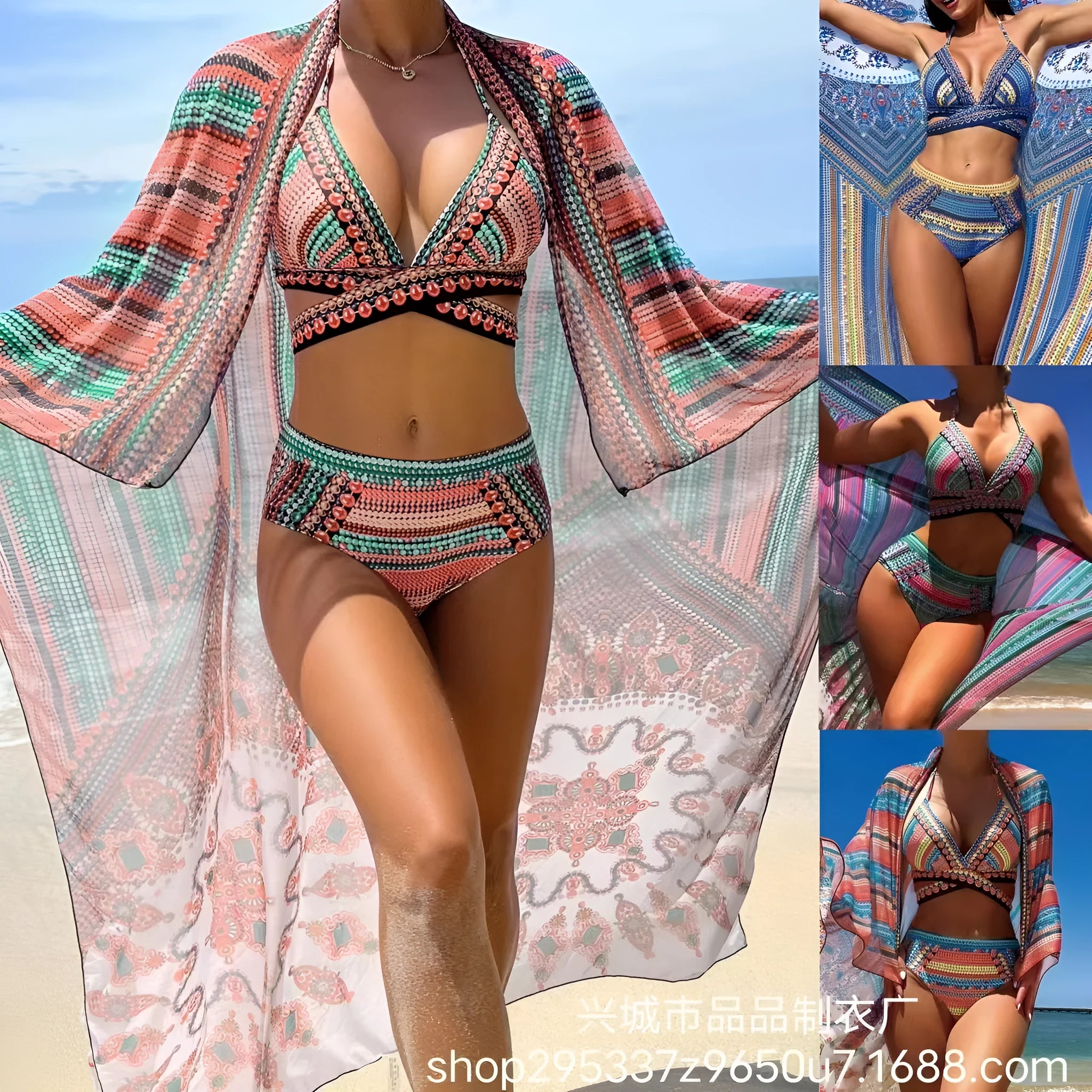 Women's retro ethnic style swimsuit with split cross straps in blue colour