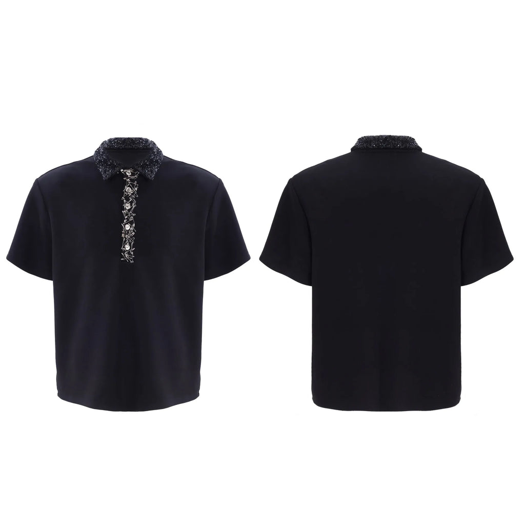 Men's black loose fit polo t-shirt with square collar and heavy embroidery sequin detail on chest
