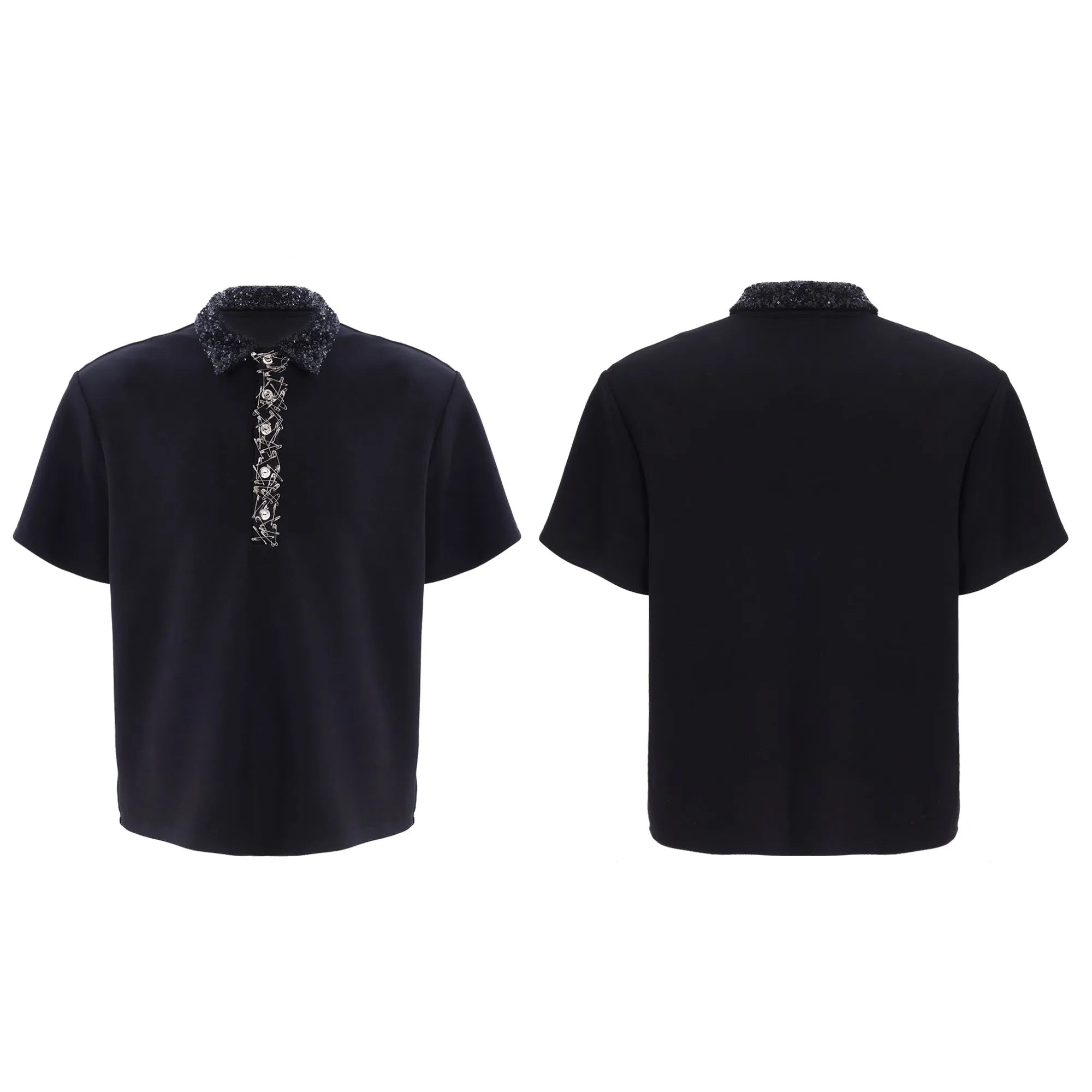 Men's black loose fit polo t-shirt with square collar and heavy embroidery sequin detail on chest