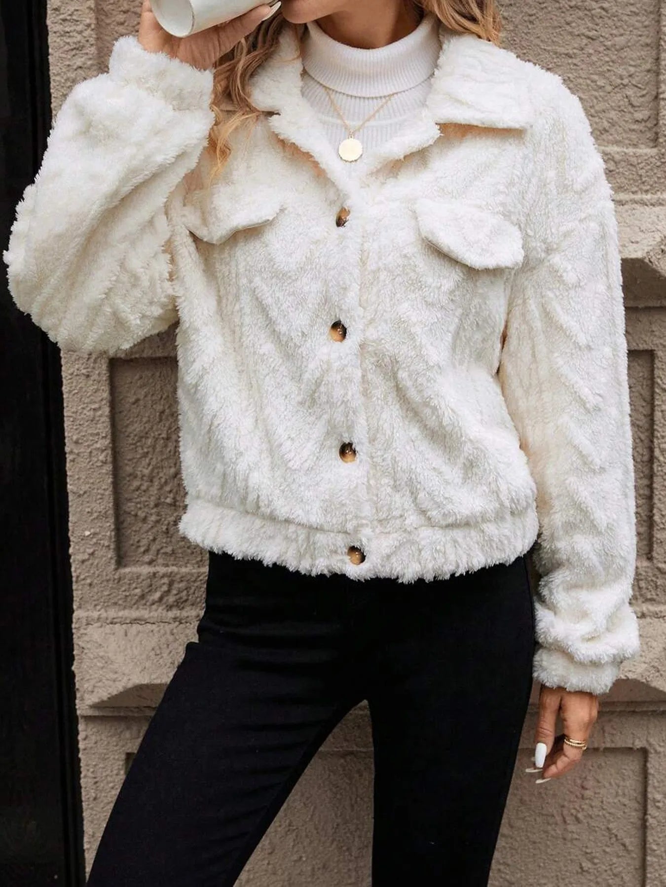 Women's ivory white double-sided plush button cardigan with long sleeves