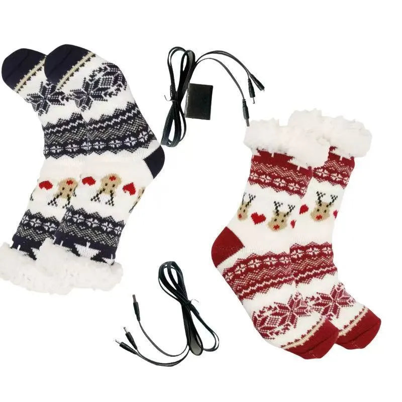 USB electric heating thickened room socks in red Santa Claus jacquard pattern on a white background