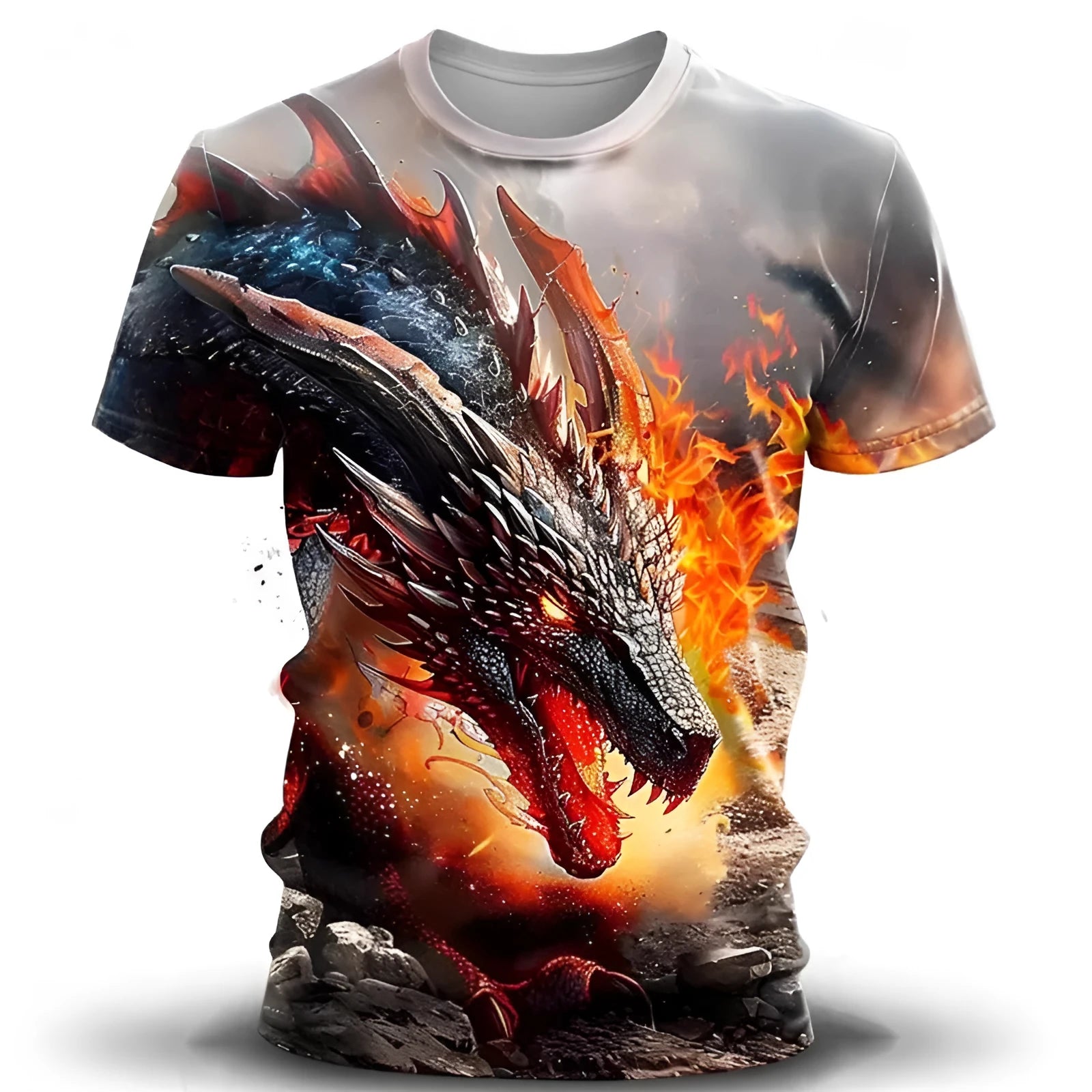 Men's grey t-shirt with a large, colourful 3D wind dragon print across the chest.
